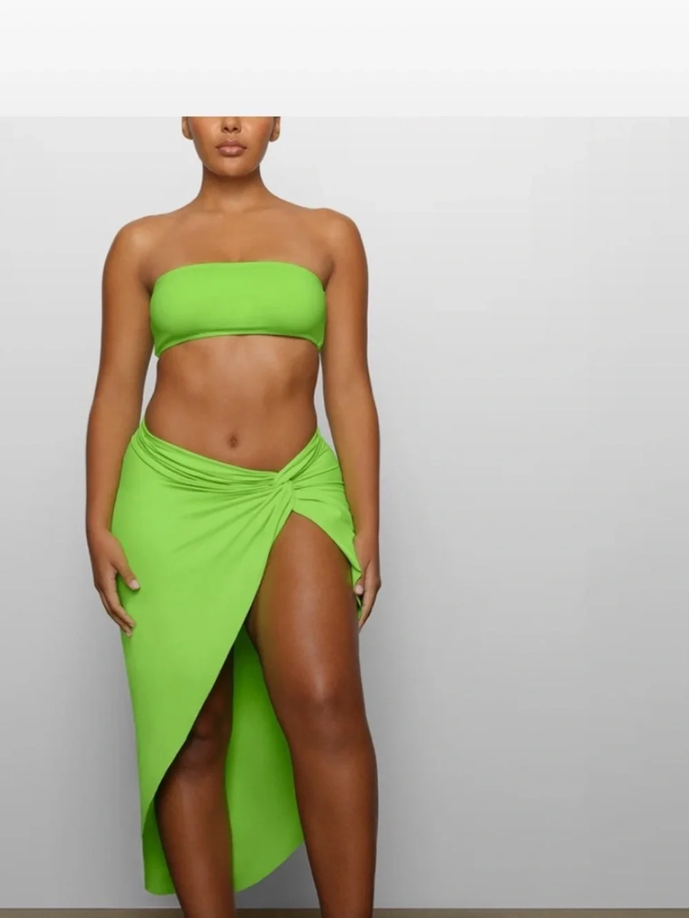 SKIMS Neon Green Scoop Neck One-Piece Swimsuit with matching skirt